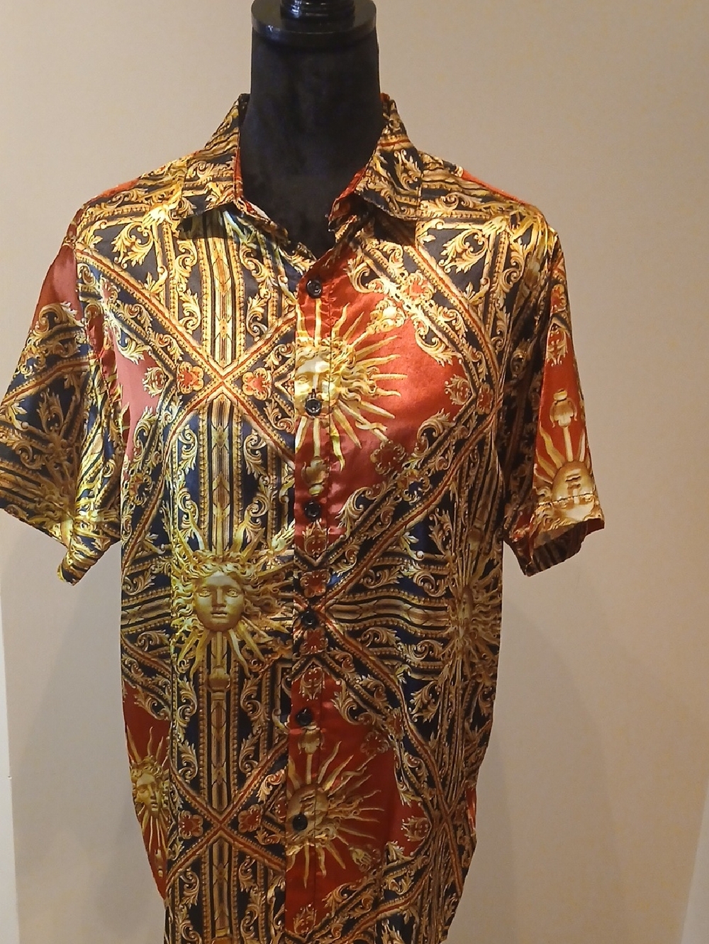 Men's Short-Sleeve Ornate Sun Print Shirt - Gold & Rust